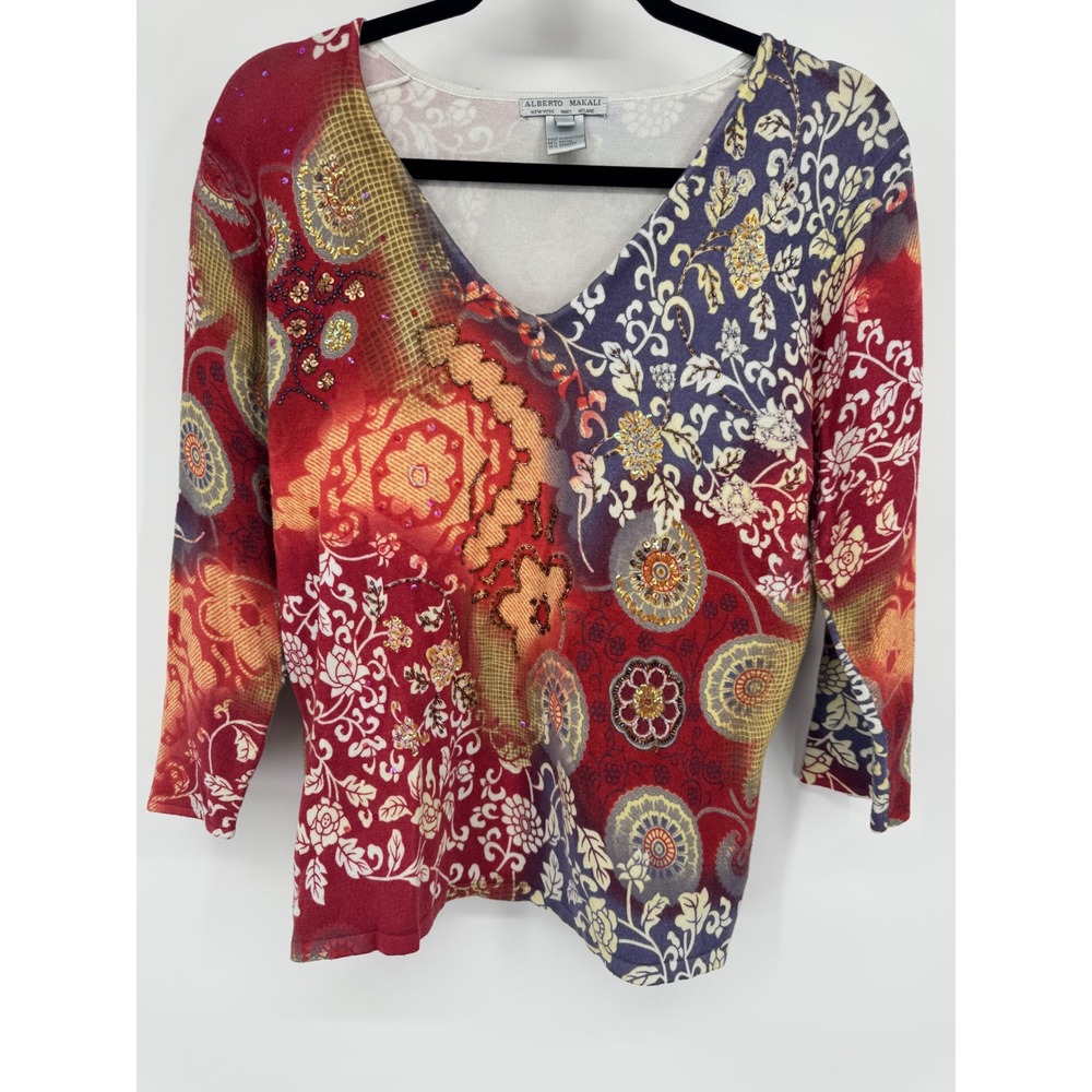 Alberto Makali Womens Red Floral Beaded V-Neck 3/4 Sleeve Knit Top Size Large